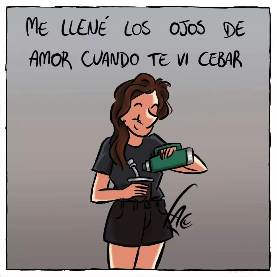 ilustracion mujer cebando mate y frase romatica