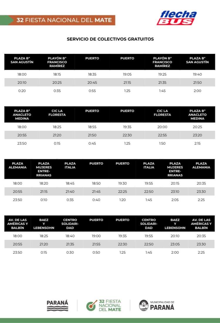 horarios colectivos gratis fiesta del mate parana entre rios 2022