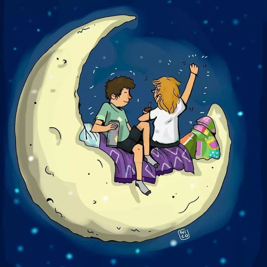 ilustracion-pareja-sentada-en-la-luna-tomando-mate